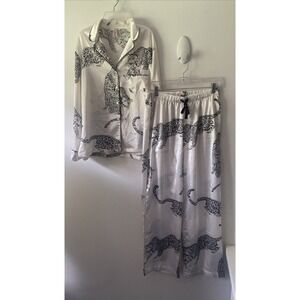 Victoria's Secret Satin Pajama Set Black White Leopard Size Small